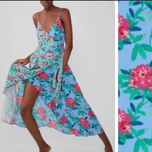 Zara Floral Print Midi Wrap Dress Blue Red Size XS